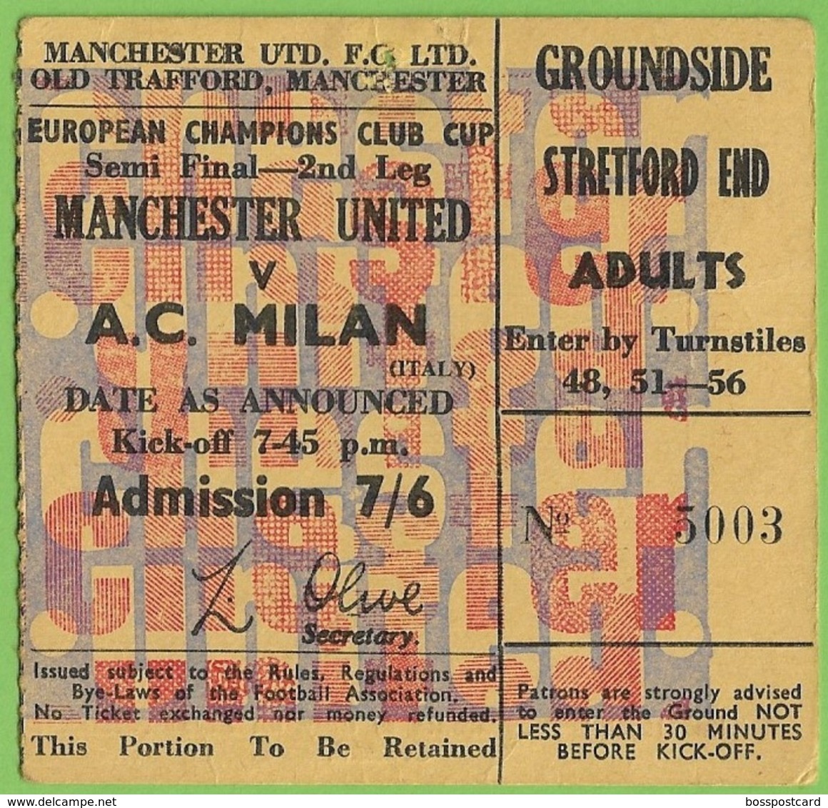 European Champions Club Cup Manchester United - A. C. Milan 1969 Ticket Football Biglietto Calcio Milano England Italia - Biglietti D'ingresso