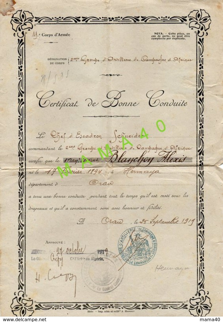 MILITARIA - CERTIFICAT DE BONNE CONDUITE DE 1919 - ALGERIE - ORAN - 2 GROUPE ARTILLERIE CAMPAGNE D'AFRIQUE - Documenti