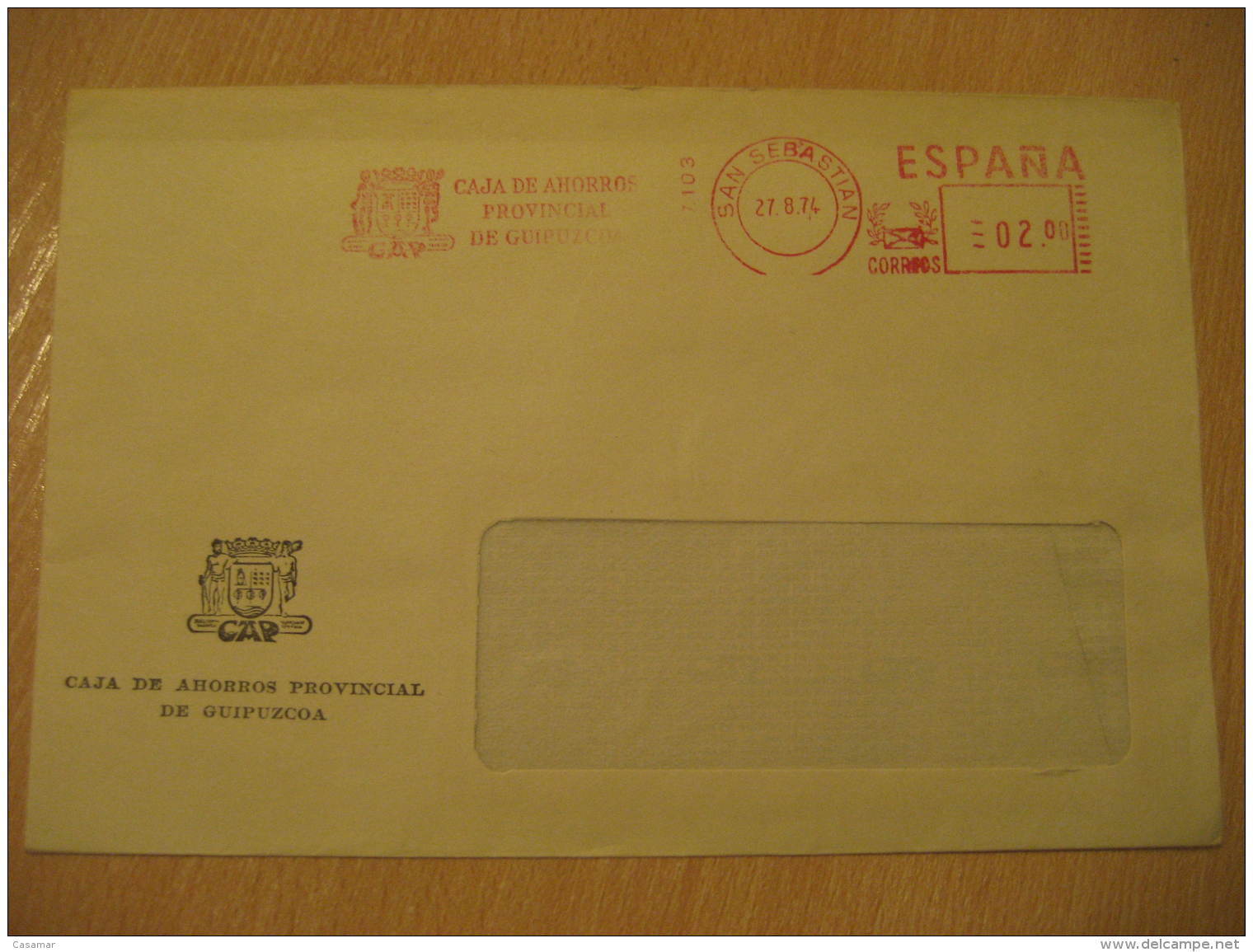 SAN SEBASTIAN Guipuzcoa 1974 CAJA DE AHORROS PROVINCIAL DE G Metter Mail Franqueo Mecanico Cancel Cover Spain - Cartas & Documentos