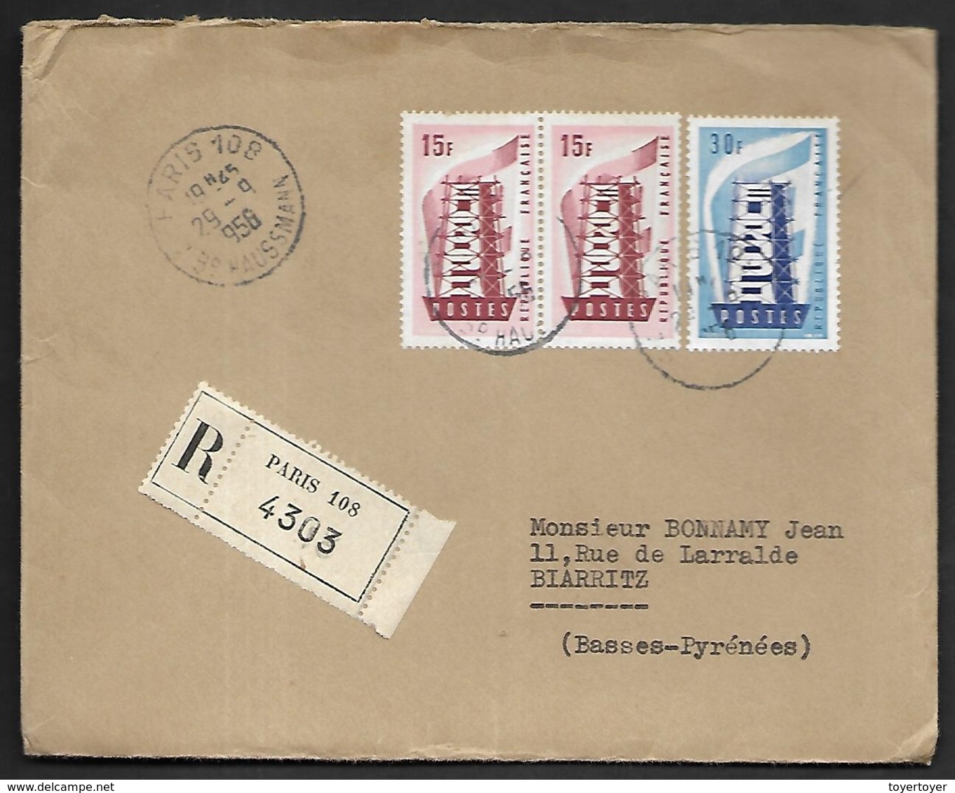 LF D27 Enveloppede 1956 De Paris Timbres N°1076x2, 1077 - 1921-1960: Modern Tijdperk