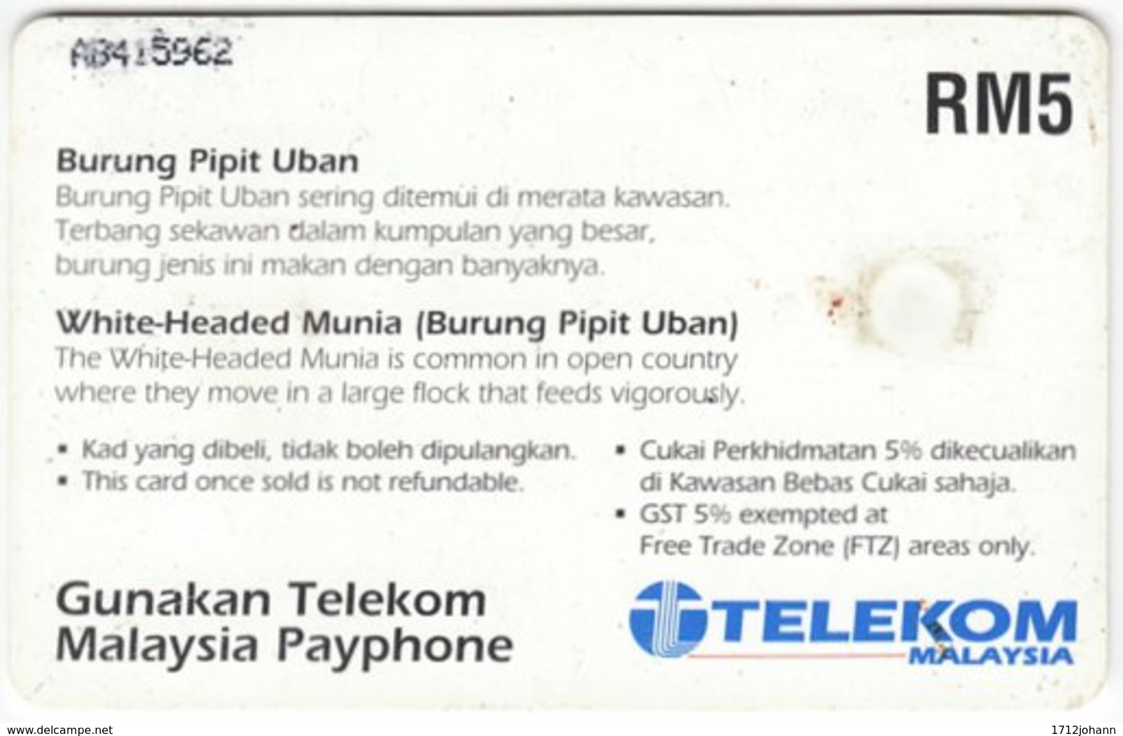 MALAYSIA A-644 Chip Telekom - Animal, Bird - Used - Malaysia