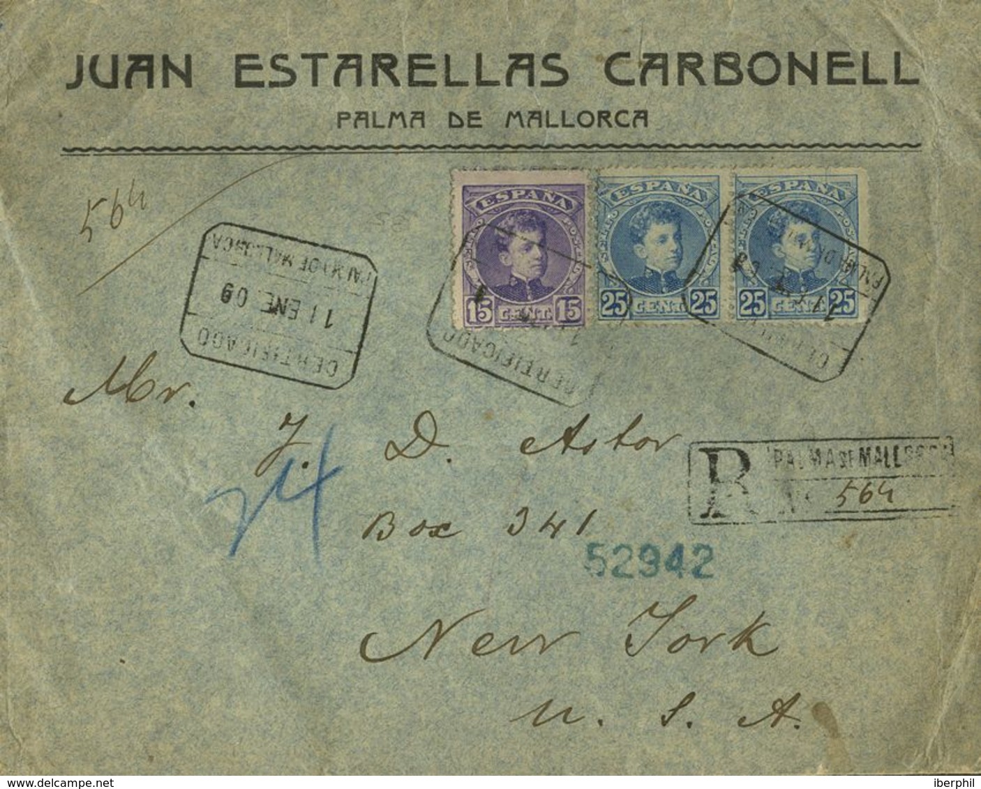 España. Alfonso XIII Correo Certificado. Sobre 246, 248(2). 1909. 15 Cts. Y 25 Cts., Pareja. Certificado De PALMA DE MAL - Cartas & Documentos