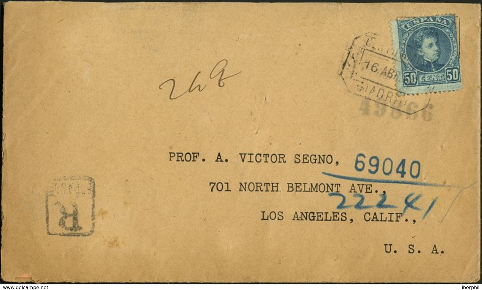 España. Alfonso XIII Correo Certificado. Alfonso XIII Correo Certificado. CERTIFICADO / MADRID. Dirigida A USA. MAGNIFIC - Cartas & Documentos