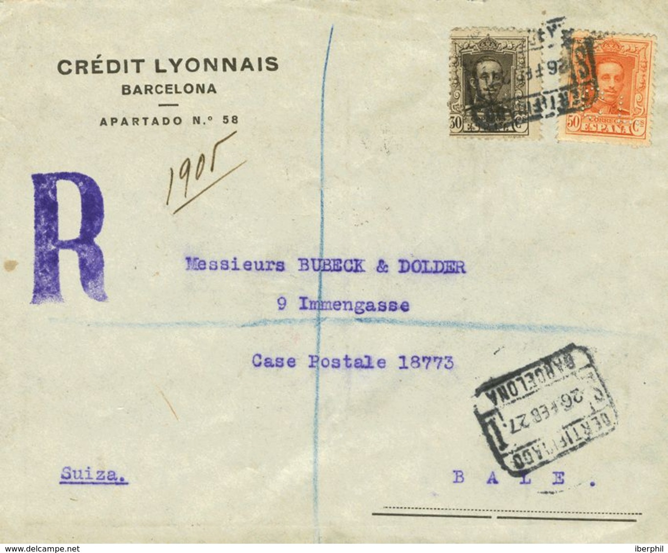 España. Alfonso XIII Correo Certificado. Sobre 318, 320. 1927. 30 Cts Y 50 Cts, Perforación C.L. Certificado De BARCELON - Cartas & Documentos