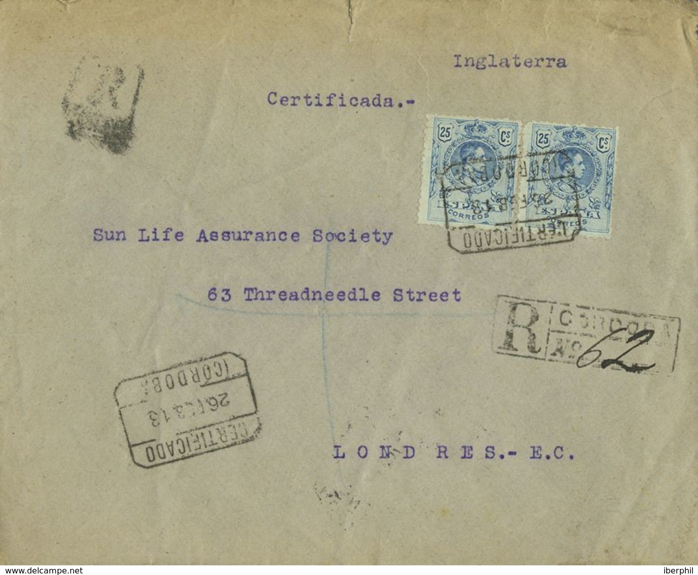 España. Alfonso XIII Correo Certificado. Alfonso XIII Correo Certificado. CERTIFICADO / CORDOBA. MAGNIFICA. - Cartas & Documentos