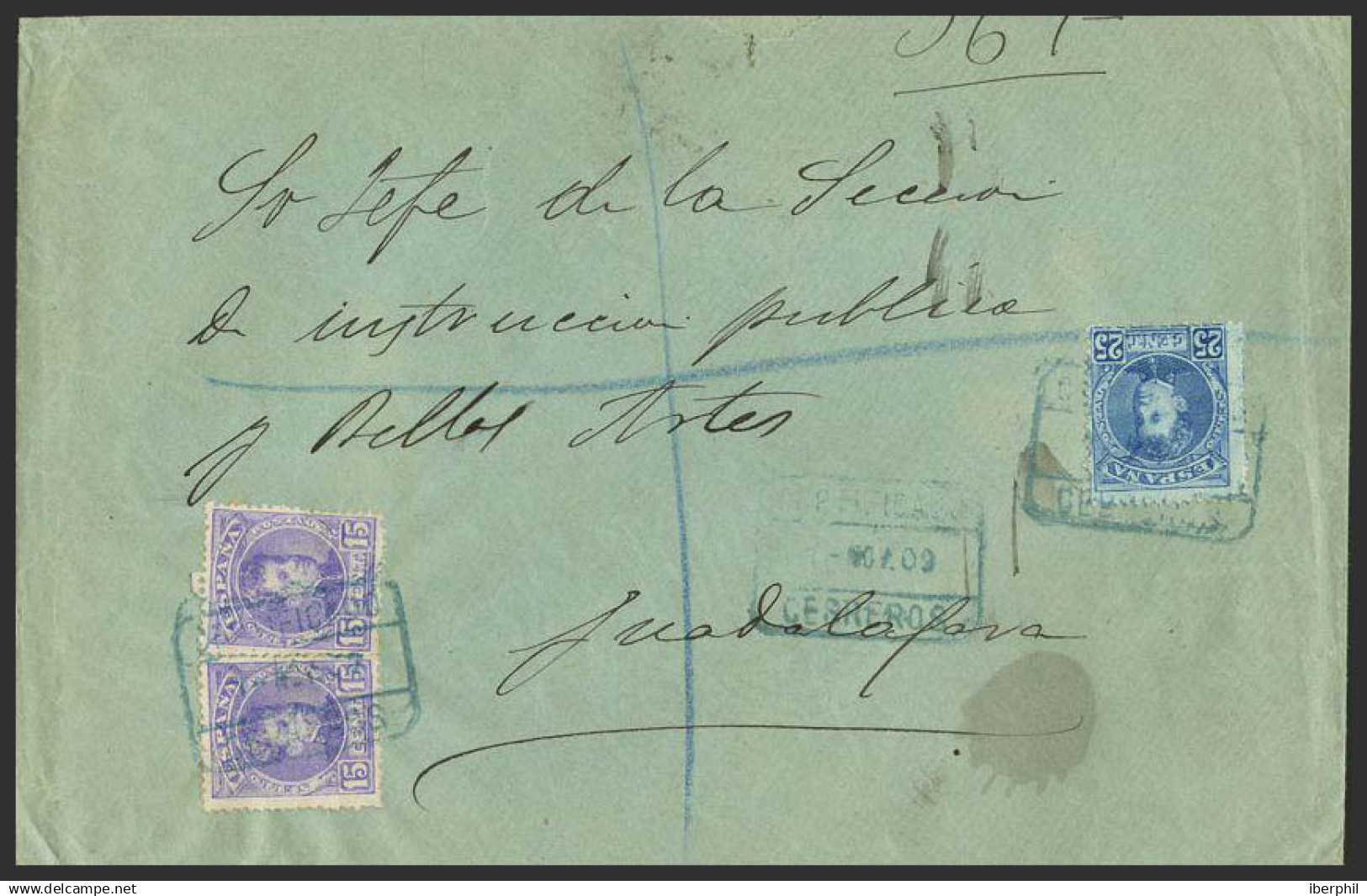 España. Alfonso XIII Correo Certificado. Sobre 246(2), 248. 1909. 15 Cts Pareja Y 25 Cts Azul. Certificado De CEBREROS A - Cartas & Documentos