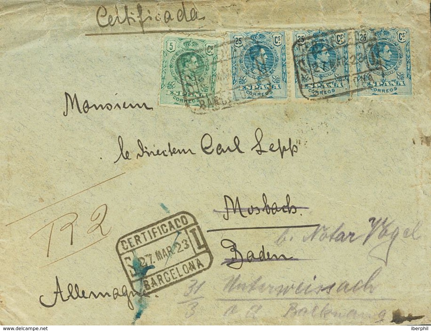 España. Alfonso XIII Correo Certificado. Sobre 268, 274(3). 1923. 5 Cts Verde Y 25 Cts Azul, Tres Sellos. Certificado De - Cartas & Documentos