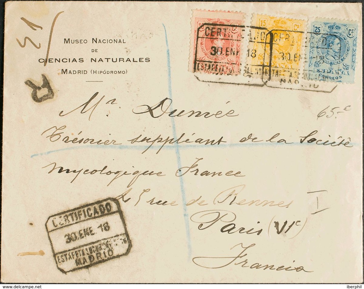 España. Alfonso XIII Correo Certificado. Sobre 269, 271, 274. 1918. 10 Cts Rojo, 15 Cts Amarillo Y 25 Cts Azul. Certific - Cartas & Documentos
