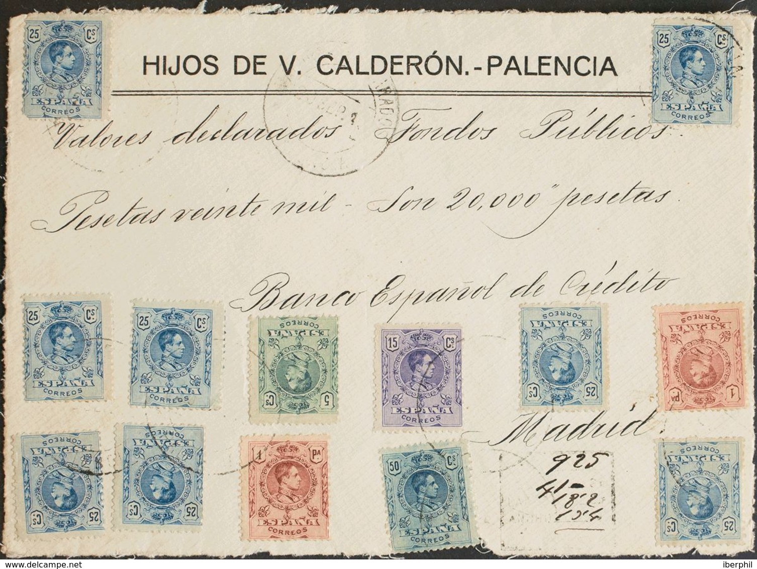 España. Alfonso XIII Correo Certificado. Sobre 278(2),268,270,274(8),277. 1920. 1 Pts Carmín, Dos Sellos, 5 Cts Verde, 1 - Cartas & Documentos