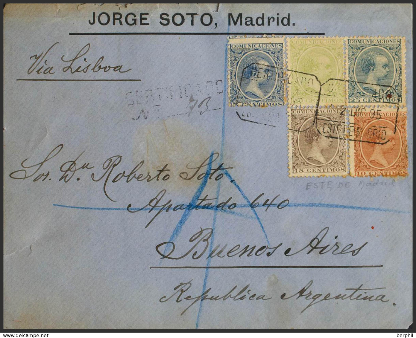 España. Alfonso XIII Correo Certificado. Sobre 215, 217, 219, 220, 221. 1895. 5 Cts Azul, 10 Cts Castaño, 15 Cts Castaño - Cartas & Documentos