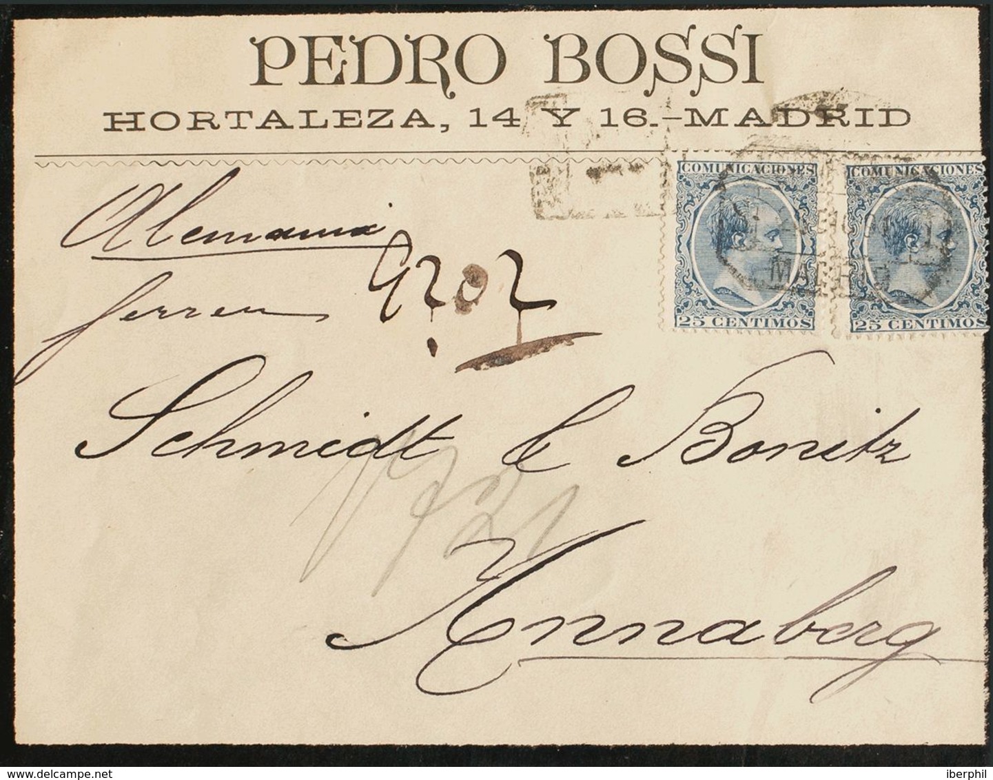 España. Alfonso XIII Correo Certificado. Sobre 221(2). 1891. 25 Cts Azul, Dos Sellos. Certificado De MADRID A ANNABERG ( - Cartas & Documentos