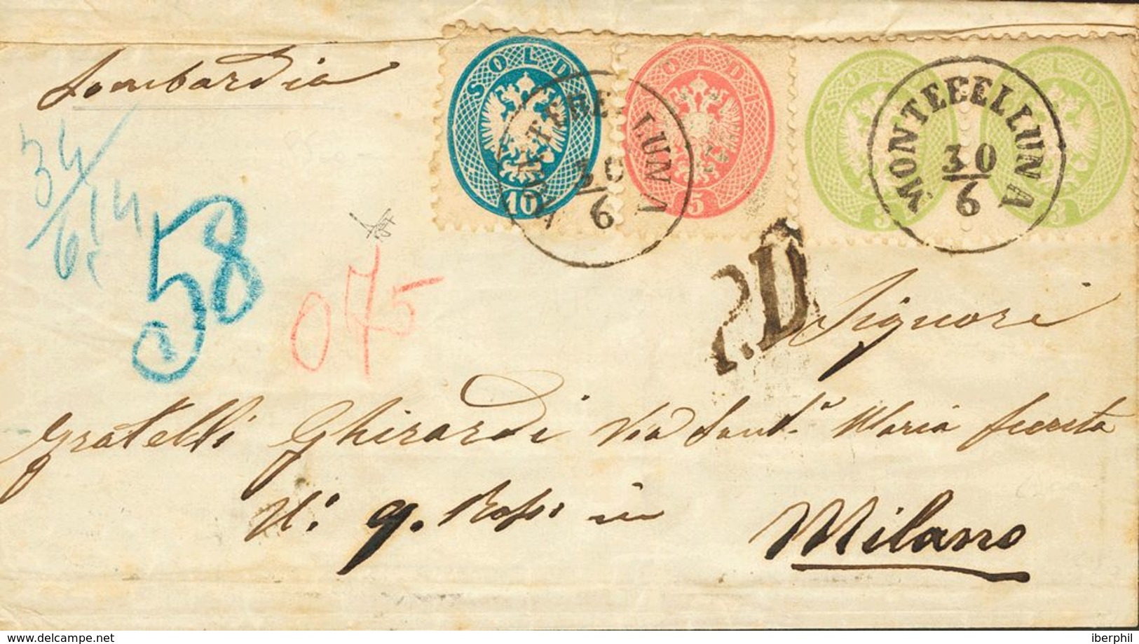 Lombardía Venecia. Sobre 24(2), 25, 26. 1864. 3 S Verde, Pareja, 5 S Rosa Y 10 S Azul (doblez De Archivo). MONTEBELLUNA - Otros & Sin Clasificación