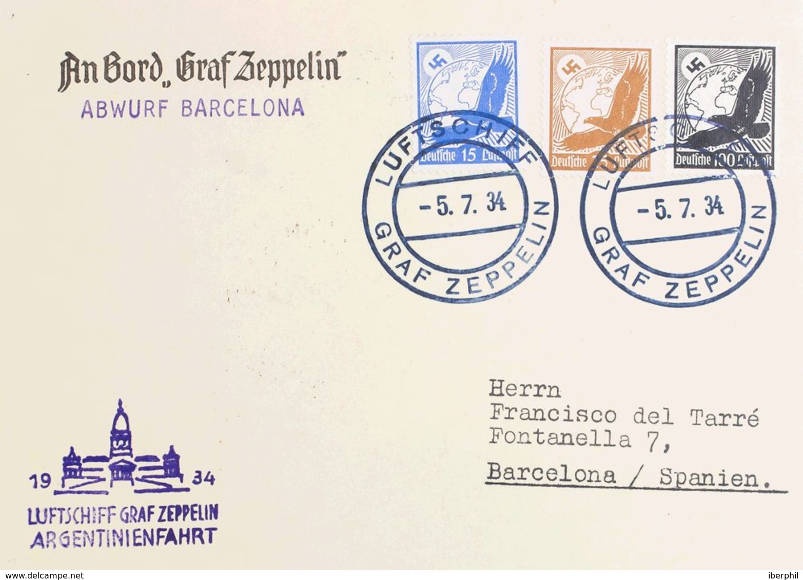 Zeppelin. Sobre Yv Aéreo 51, 47, 45. 1934. 100 P, 25 P Y 15 P AEREOS Sobre Tarjeta Postal Dirigida A BARCELONA. En El Fr - Zeppelines