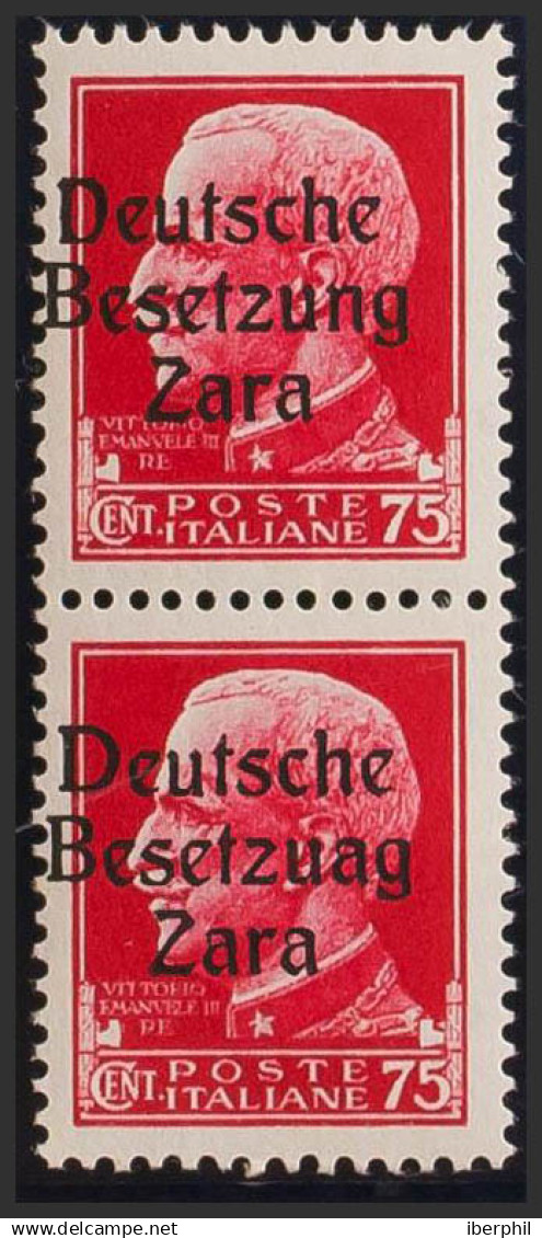 Zara. MNH **Yv 8(2). 1943. 75 Cts Rosa Rojo, Pareja. Un Sello Presenta La Variedad BESETZUAG. MAGNIFICA Y RARA. (Sassone - Otros & Sin Clasificación