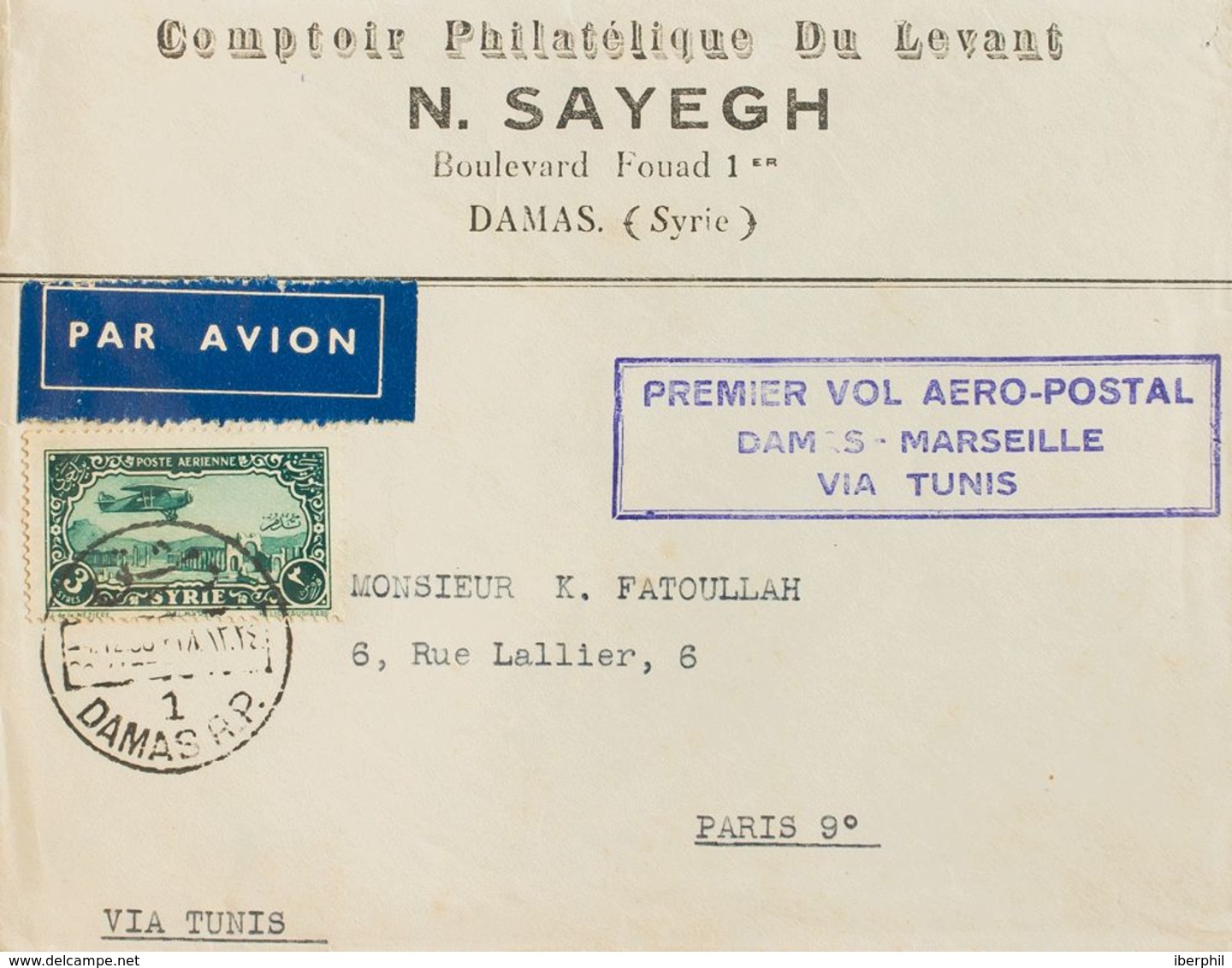 Siria Francesa. Sobre Yv 53. 1938. 3 Pi Verde Azul. Correo Aéreo De DAMAS A PARIS. En El Frente Marca PREMIER VOL AERO-P - Siria