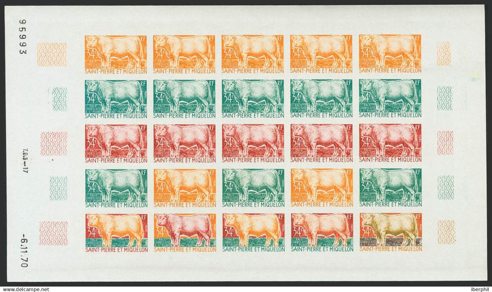 San Pedro Y Miquelón. MNH **Yv 409(25). 1970. 34 F Multicolor, Hoja Completa De Veinticinco Sellos. ENSAYOS DE COLOR Y S - Otros & Sin Clasificación