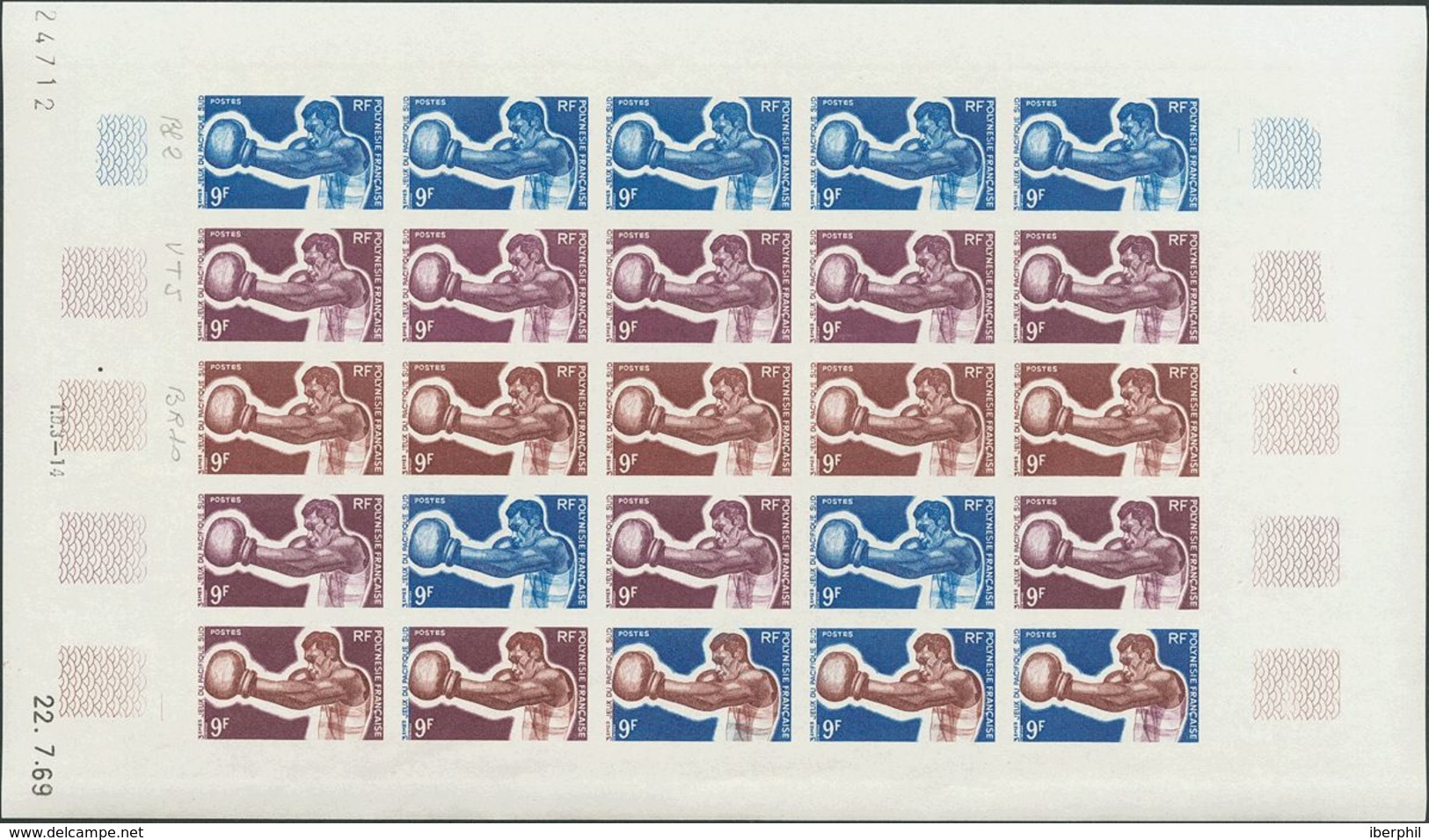 Polinesia. MNH **Yv 66(25). 1969. 9 F Multicolor, Hoja Completa De Veinticinco Sellos. ENSAYOS DE COLOR Y SIN DENTAR, En - Otros & Sin Clasificación