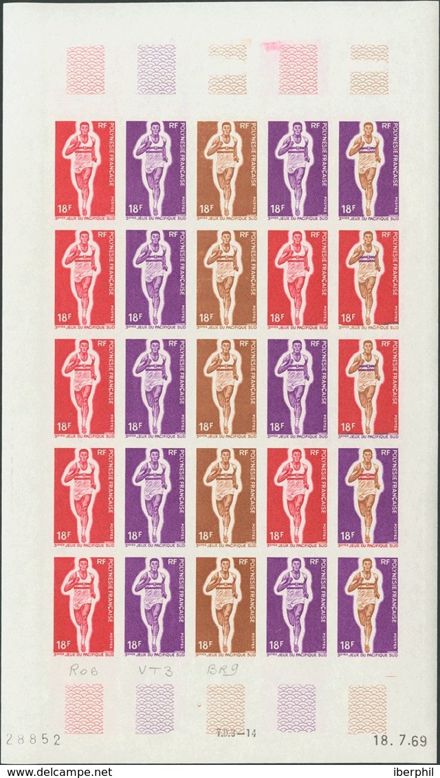 Polinesia. MNH **Yv 68(25). 1969. 18 F Multicolor, Hoja Completa De Veinticinco Sellos. ENSAYOS DE COLOR Y SIN DENTAR, E - Otros & Sin Clasificación