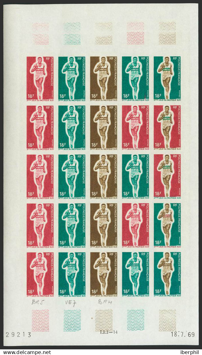 Polinesia. MNH **Yv 68(25). 1969. 18 F Multicolor, Hoja Completa De Veinticinco Sellos. ENSAYOS DE COLOR Y SIN DENTAR, E - Otros & Sin Clasificación