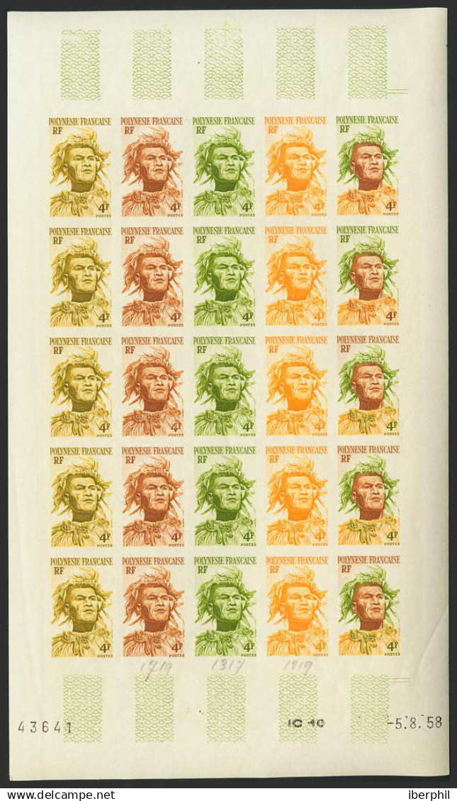 Polinesia. MNH **Yv 5(25). 1958. 4 F Multicolor, Hoja Completa De Veinticinco Sellos. ENSAYOS DE COLOR Y SIN DENTAR, En - Autres & Non Classés