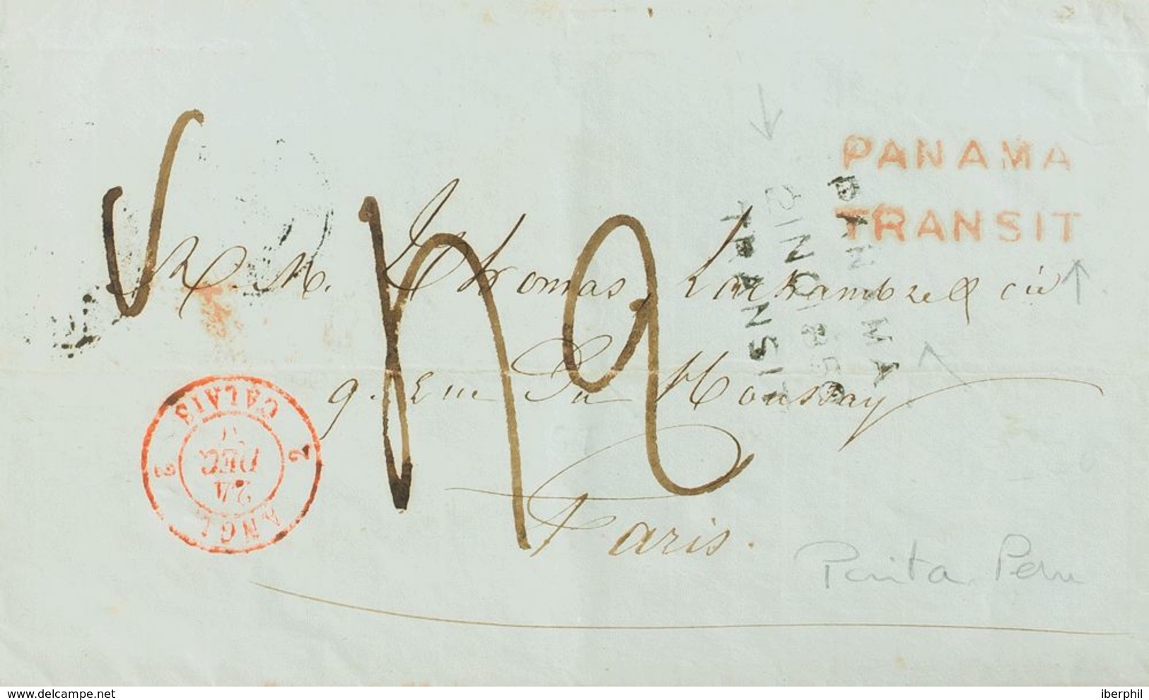 Panamá. Sobre Yv . 1850. PAITA (PERU) A PARIS. Doble Marca De Tránsito PANAMA / TRANSIT, En Negro (con Fecha) Y En Rojo. - Panamá