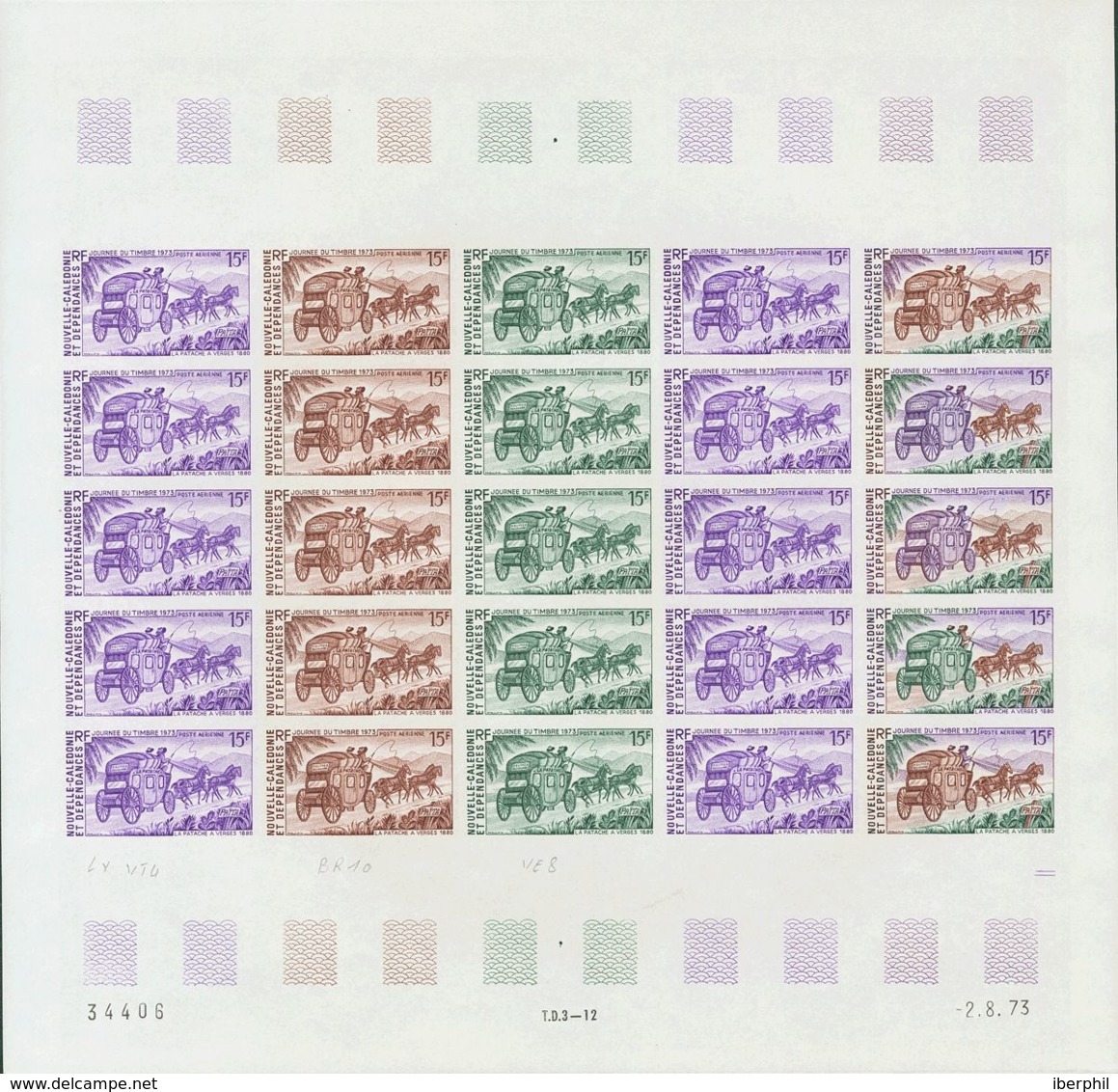 Nueva Caledonia. MNH **Yv 146(25). 1973. 15 F Multicolor, Hoja Completa De Veinticinco Sellos. ENSAYOS DE COLOR Y SIN DE - Otros & Sin Clasificación