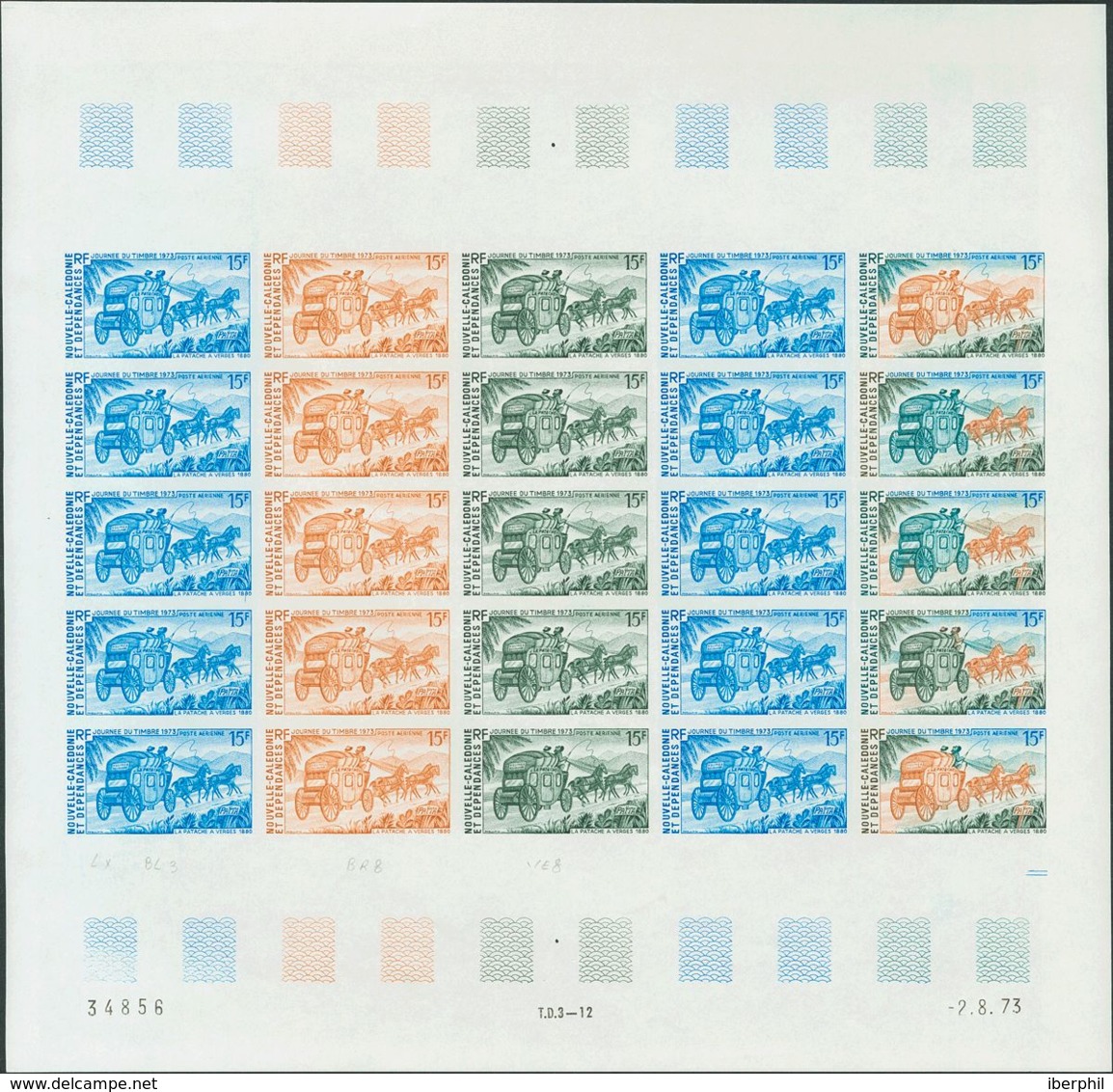 Nueva Caledonia. MNH **Yv 146(25). 1973. 15 F Multicolor, Hoja Completa De Veinticinco Sellos. ENSAYOS DE COLOR Y SIN DE - Otros & Sin Clasificación
