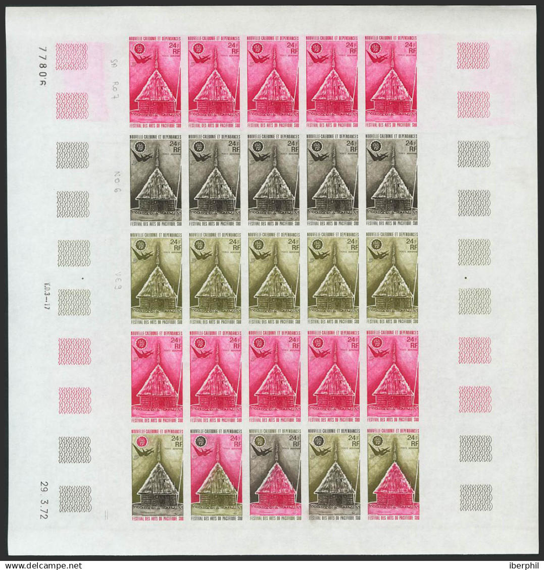 Nueva Caledonia. MNH **Yv 132(25). 1972. 24 F Multicolor, Hoja Completa De Veinticinco Sellos. ENSAYOS DE COLOR Y SIN DE - Otros & Sin Clasificación