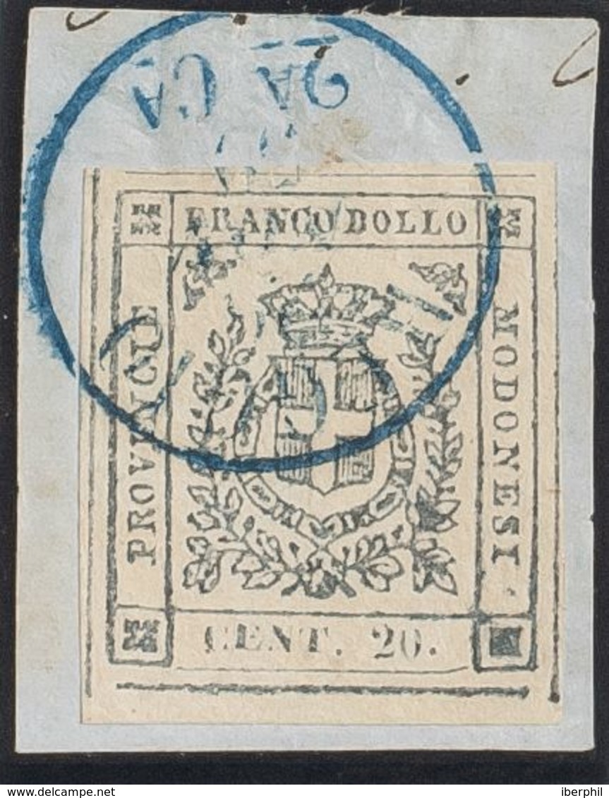 Modena. Fragmento Yv 9a. 1859. 20 Cts Lila Gris, Sobre Fragmento. Matasello REGGIO, En Azul. MAGNIFICO Y RARO. (Sassone - Otros & Sin Clasificación