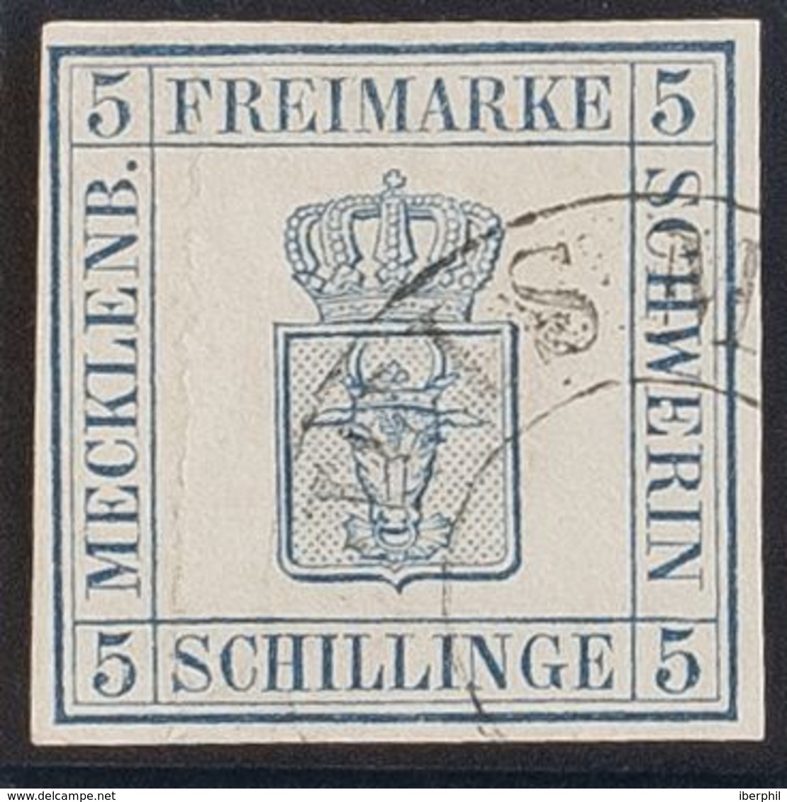 Mecklemburgo Schwerin. ºYv 3. 1856. 5 S Azul. Matasello Fechador WISMAR. MAGNIFICO Y RARO. (Mi3 400 Euros) - Mecklenbourg-Schwerin