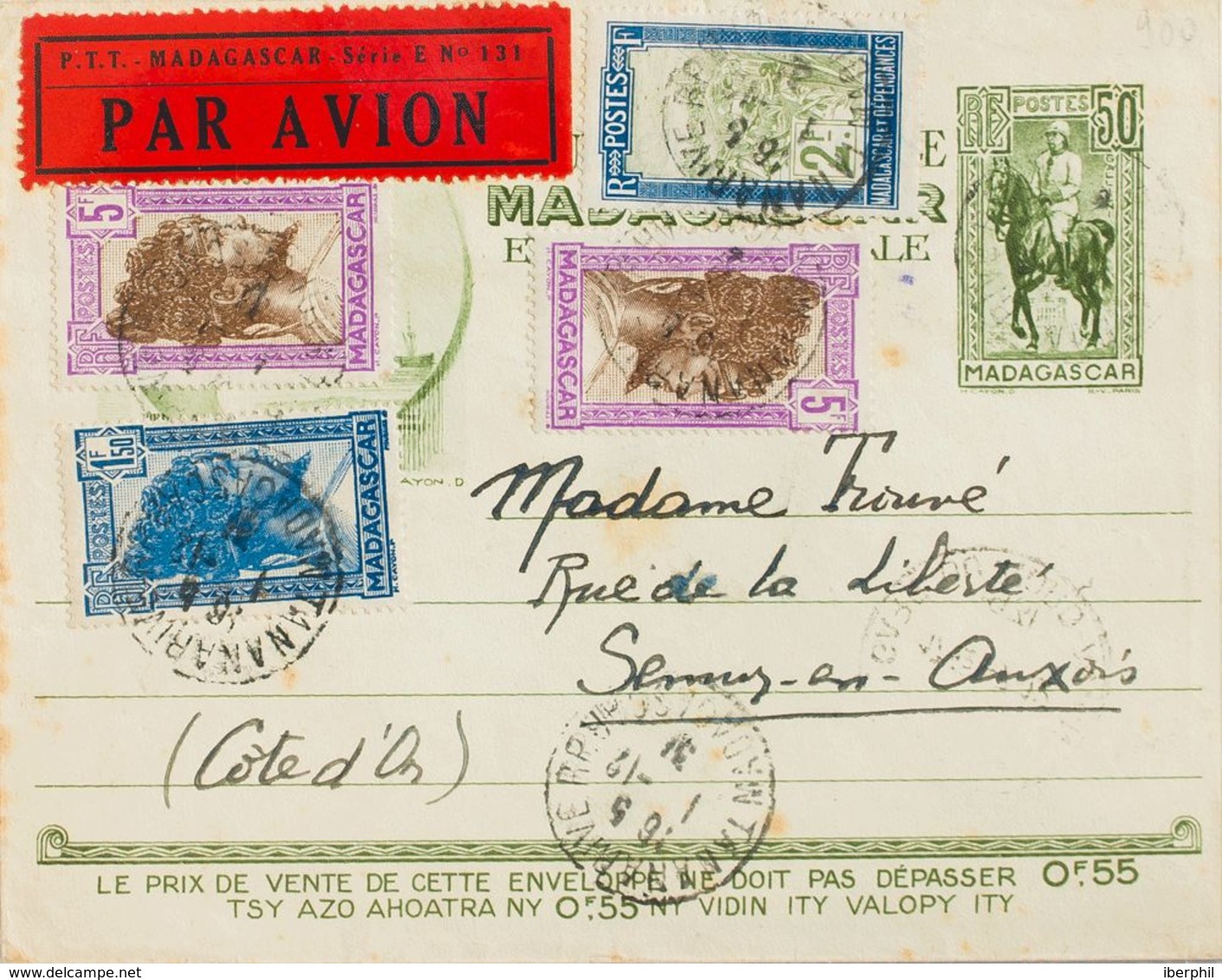 Madagascar. Sobre Yv 109, 176, 177(2). 1931. 50 Cts Verde Oliva Sobre Entero Postal Correo Aéreo Certificado De TANANARI - Otros & Sin Clasificación