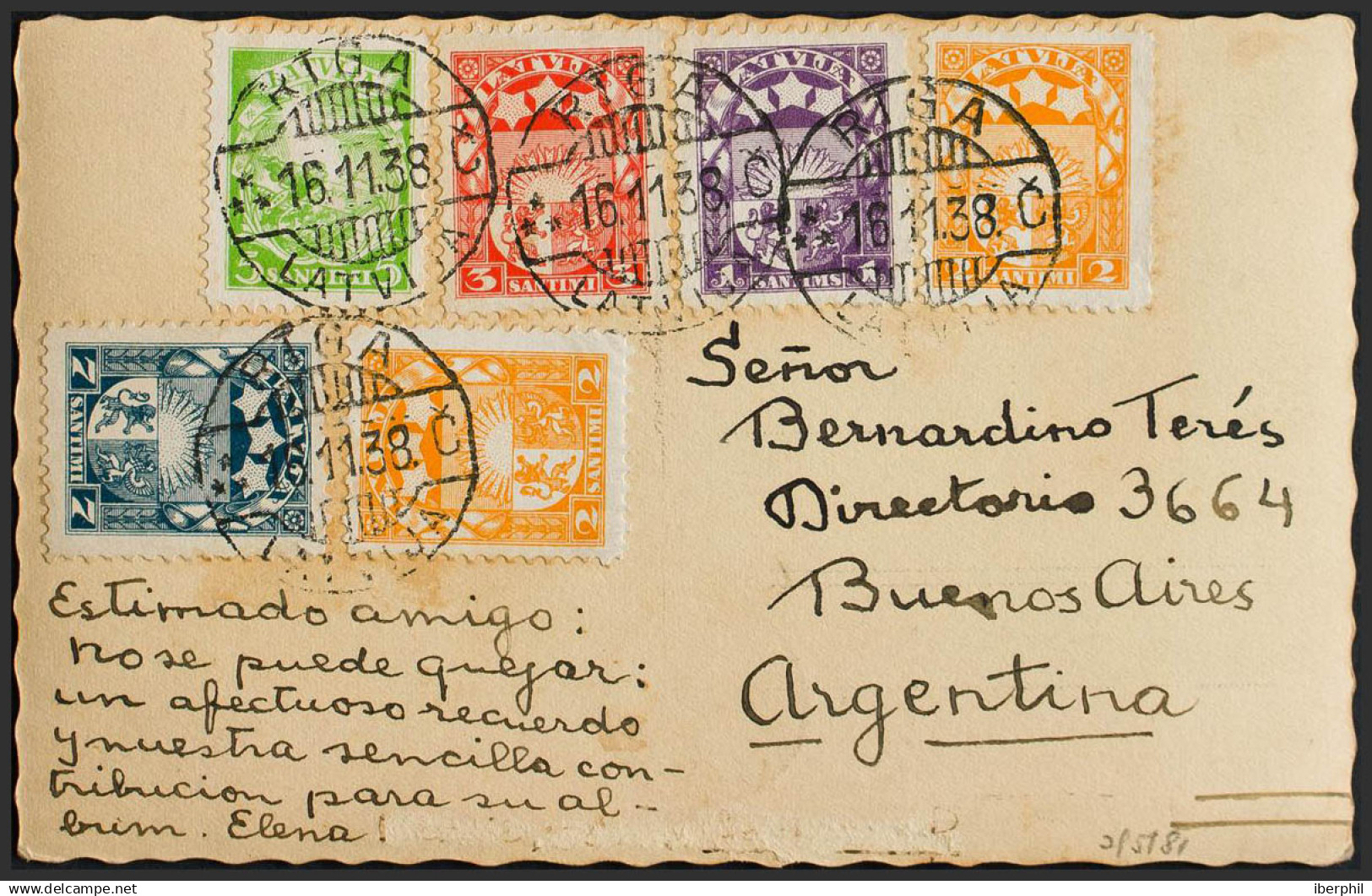 Letonia. Sobre Yv 172, 173, 174, 121, 122(2). 1938. Diversos Valores. Tarjeta Postal De RIGA A BUENOS AIRES. Al Dorso Ll - Otros & Sin Clasificación