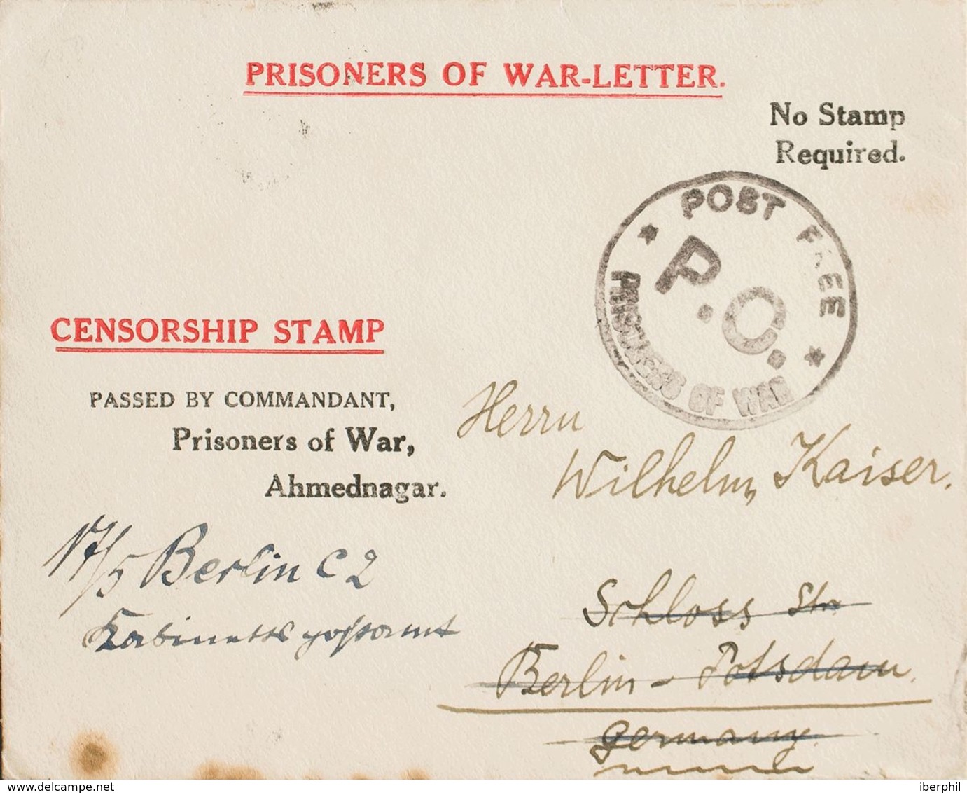 India Británica, Correo De Campaña / Militar. Sobre . 1915. Sobre De "Prisioneros De Guerra" De AHMEDNAGAR A BERLIN (ALE - Tokens Of Communes