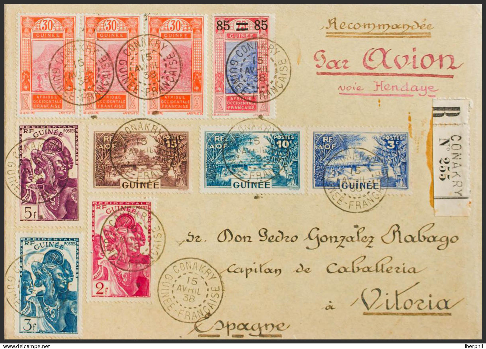 Guinea Francesa. Sobre Yv 142/44. 1938. 2 Fr Rosa Lila, 3 Fr Azul Verde, 5 F Violeta Y Diversos Valores. Certificado De - Otros & Sin Clasificación