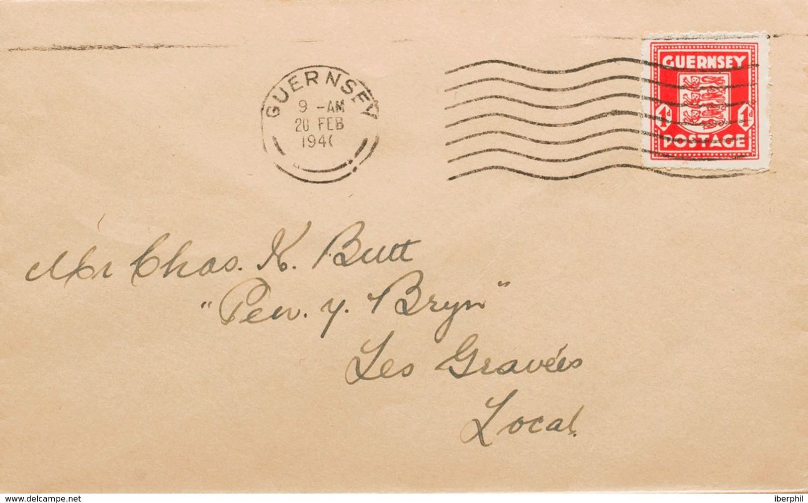 Guernsey, Ocupación Alemana. Sobre Yv 2. 1940. 1 P Rojo. Correo Interior De GUERNESEY. Matasello Rodillo GUERNESEY. MAGN - Otros & Sin Clasificación