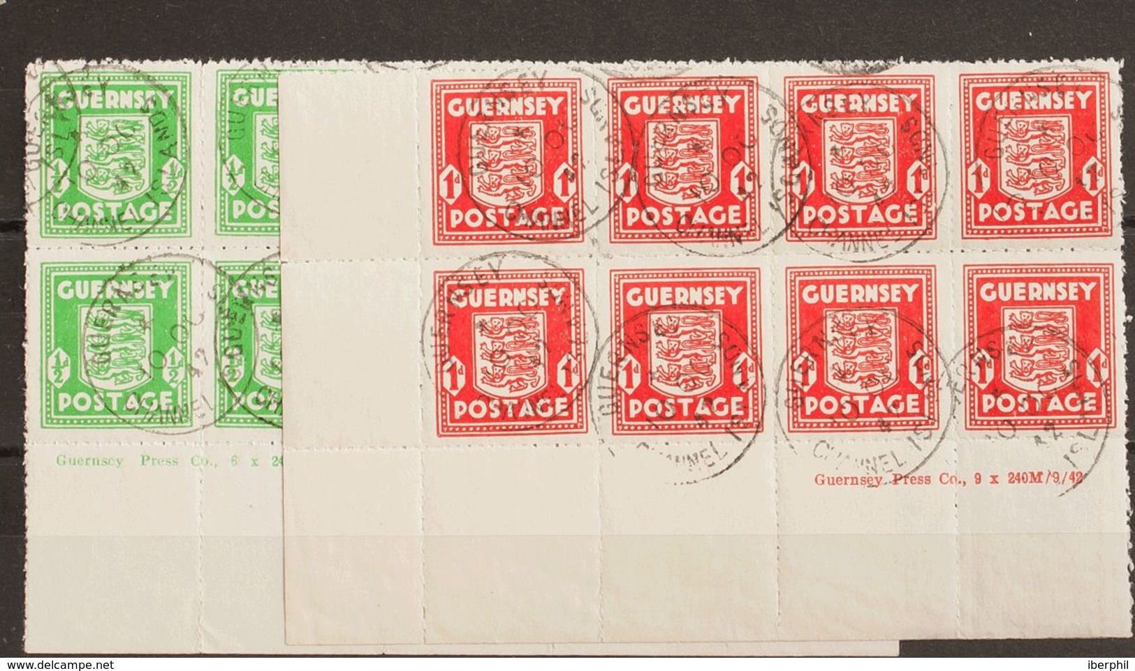 Guernsey, Ocupación Alemana. ºYv 1(8), 2(8). 1941. ½ P Verde Amarillo Y 1 P Rojo Naranja, Bloques De Ocho, Esquina De Pl - Otros & Sin Clasificación