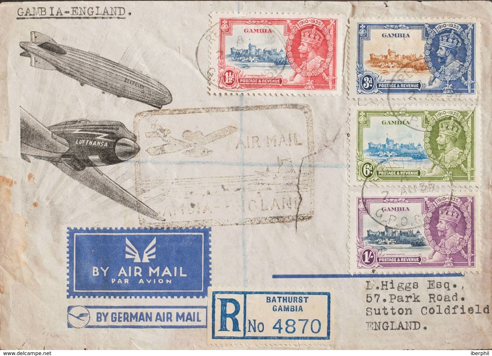 Gambia. Sobre Yv 115/18. 1936. Serie Completa. Certificado De BATHURST A SUTTON COLDFIELD (INGLATERRA) (rotura En El Fre - Gambia (...-1964)