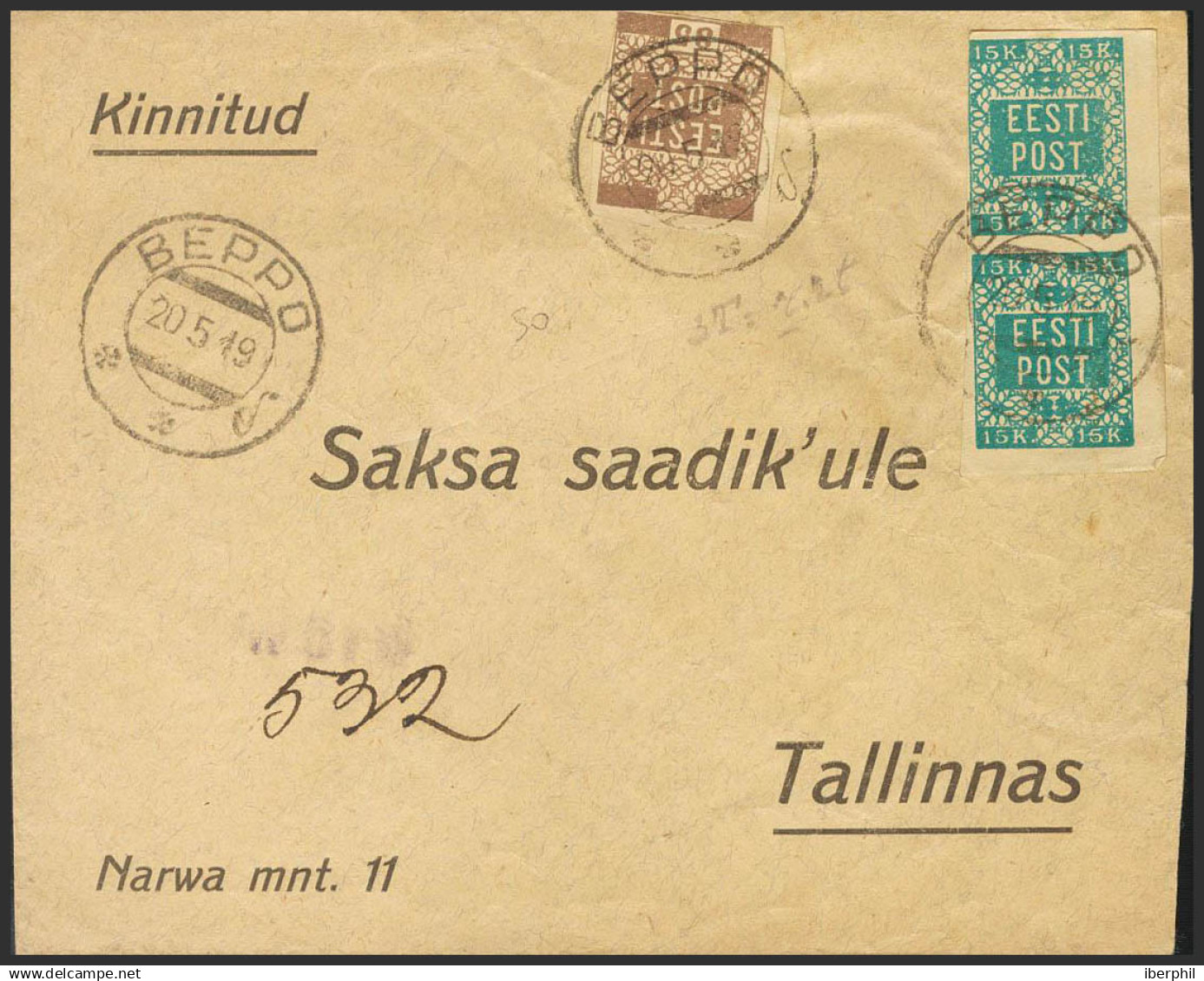 Estonia. Sobre Yv 2(2), 3. 1919. 15 K Azul Verde, Pareja Y 35 K Castaño. BEPPO (VORU) A TALLIN. Al Dorso Llegada. MAGNIF - Estonia