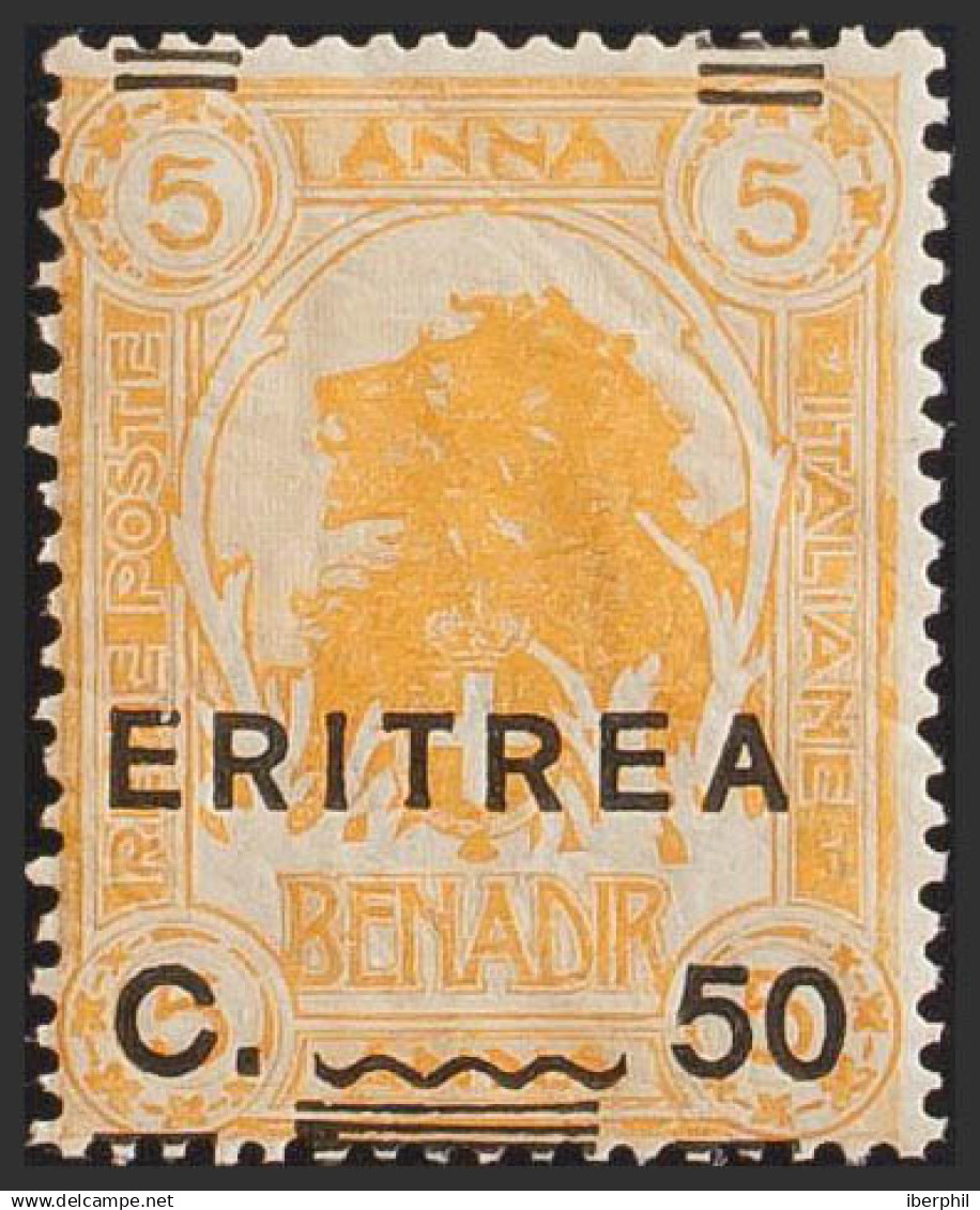 Eritrea. MNH **Yv 59. 1922. 50 Cts Sobre 5 Cts Amarillo. Variedad SOBRECARGA DESPLAZADA VERTICALMENTE. MAGNIFICO. (Sasso - Eritrea