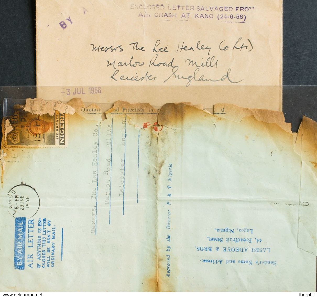 Correo Aéreo Accidentado. Sobre Yv 82. 1956. 6 P Negro Y Castaño. Correo Aéreo De LAGOS A LEICESTER (INGLATERRA). Avión - Aviones