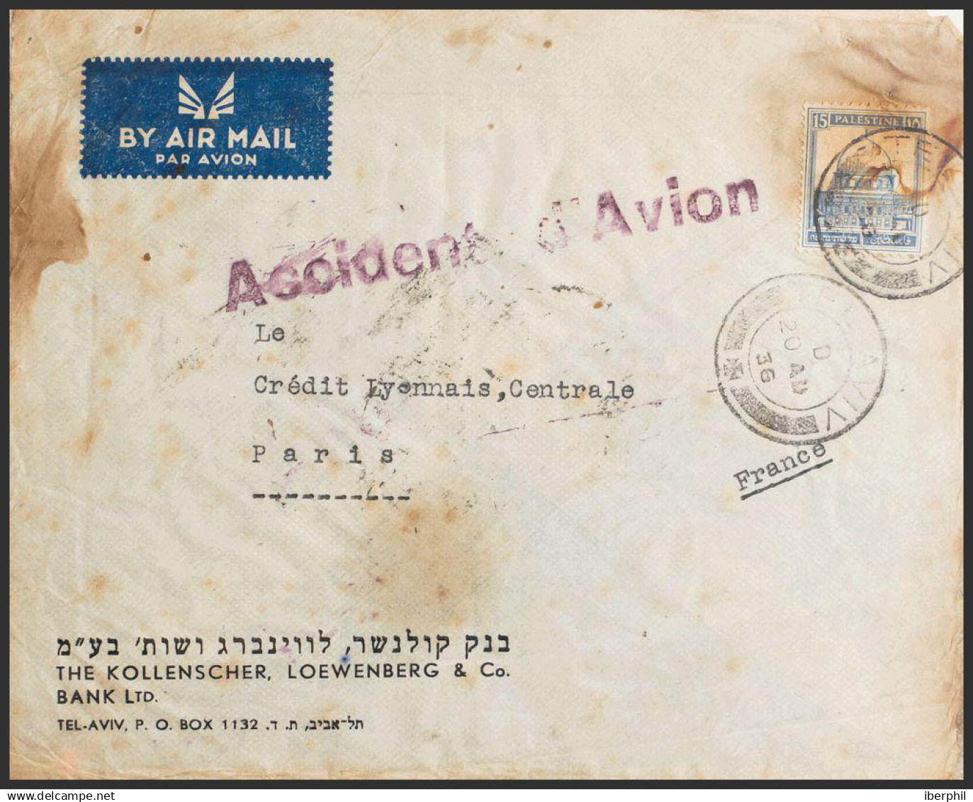 Correo Aéreo Accidentado. Sobre Yv 73. 1936. Accidente Aéreo Ocurrido El 20 De Agosto De 1936 En Su Vuelo TELAVIV-PARIS, - Vliegtuigen