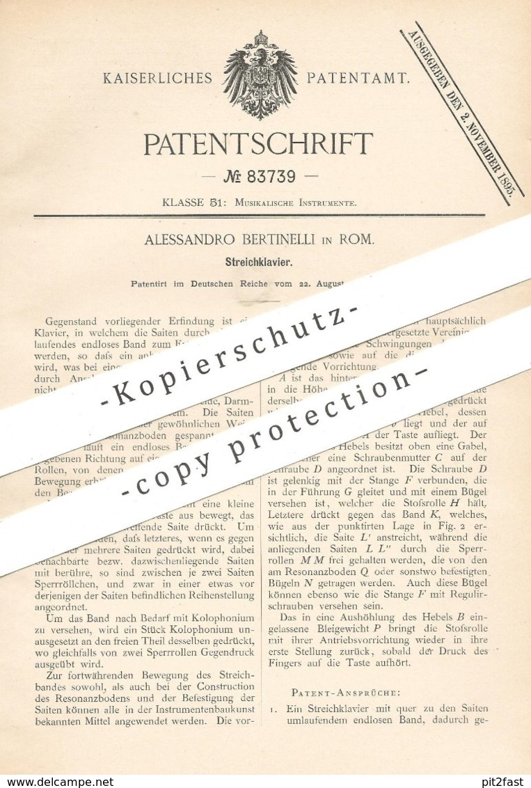 Original Patent - Alessandro Bertinelli , Rom , Italien , 1894 ,  Streichklavier | Klavier , Piano , Orgel , Musik !! - Historische Dokumente