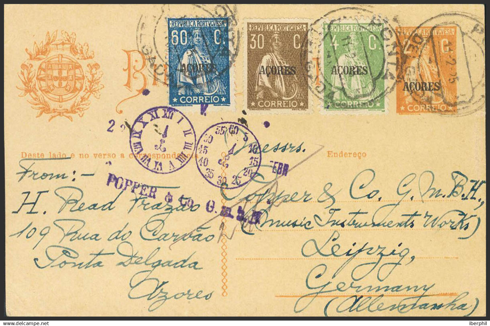 Azores, Entero Postal. Sobre Yv 164, 183, 187. 1925. 2 Cts Naranja Sobre Tarjeta Entero Postal De PUNTA DELGADA A LEIPZI - Otros & Sin Clasificación