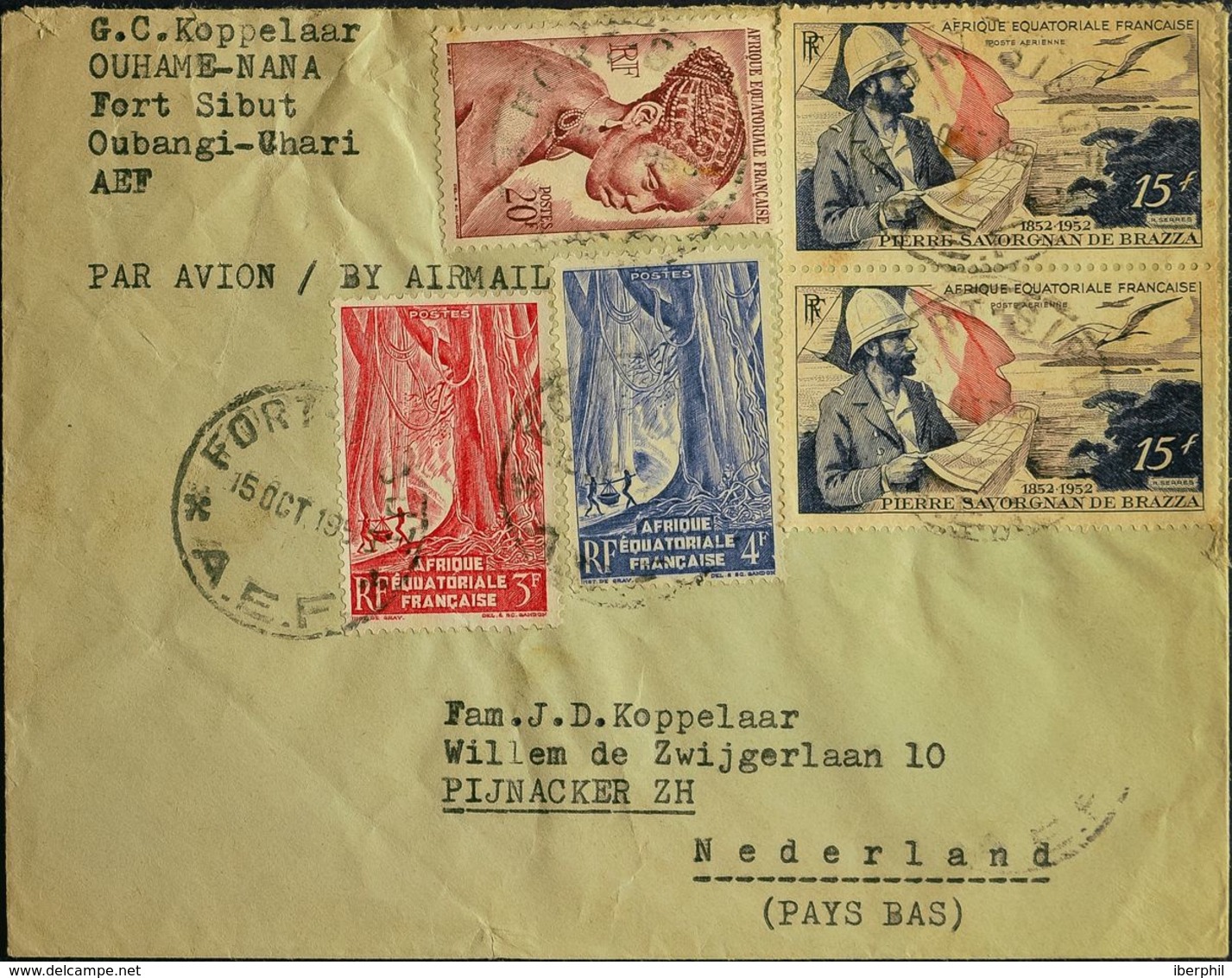 Africa Ecuatorial Francesa. Sobre Yv 218, 220, 225, Aéreo 55(2). 1953. Diversos Valores. FORT SIBUT (REPUBLICA CENTROAFR - Otros & Sin Clasificación