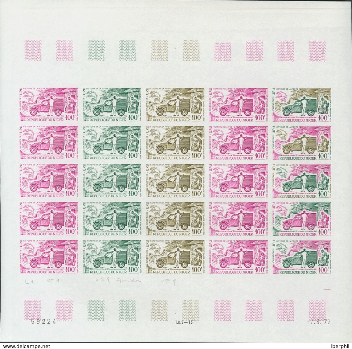 Níger, Aéreo. MNH **Yv 194(25). 1972. 100 F Multicolor, Hoja Completa De Veinticinco Sellos. ENSAYOS DE COLOR Y SIN DENT - Níger (1960-...)