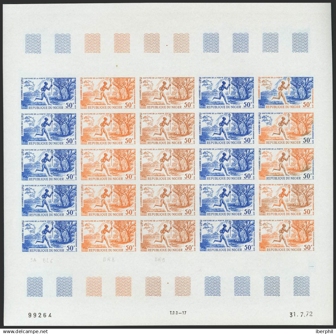 Níger, Aéreo. MNH **Yv 194(25). 1972. 50 F Multicolor, Hoja Completa De Veinticinco Sellos. ENSAYOS DE COLOR Y SIN DENTA - Níger (1960-...)