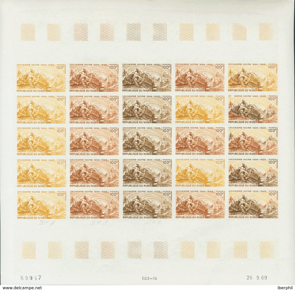 Níger, Aéreo. MNH **Yv 116(25). 1969. 100 F Multicolor, Hoja Completa De Veinticinco Sellos. ENSAYOS DE COLOR Y SIN DENT - Níger (1960-...)