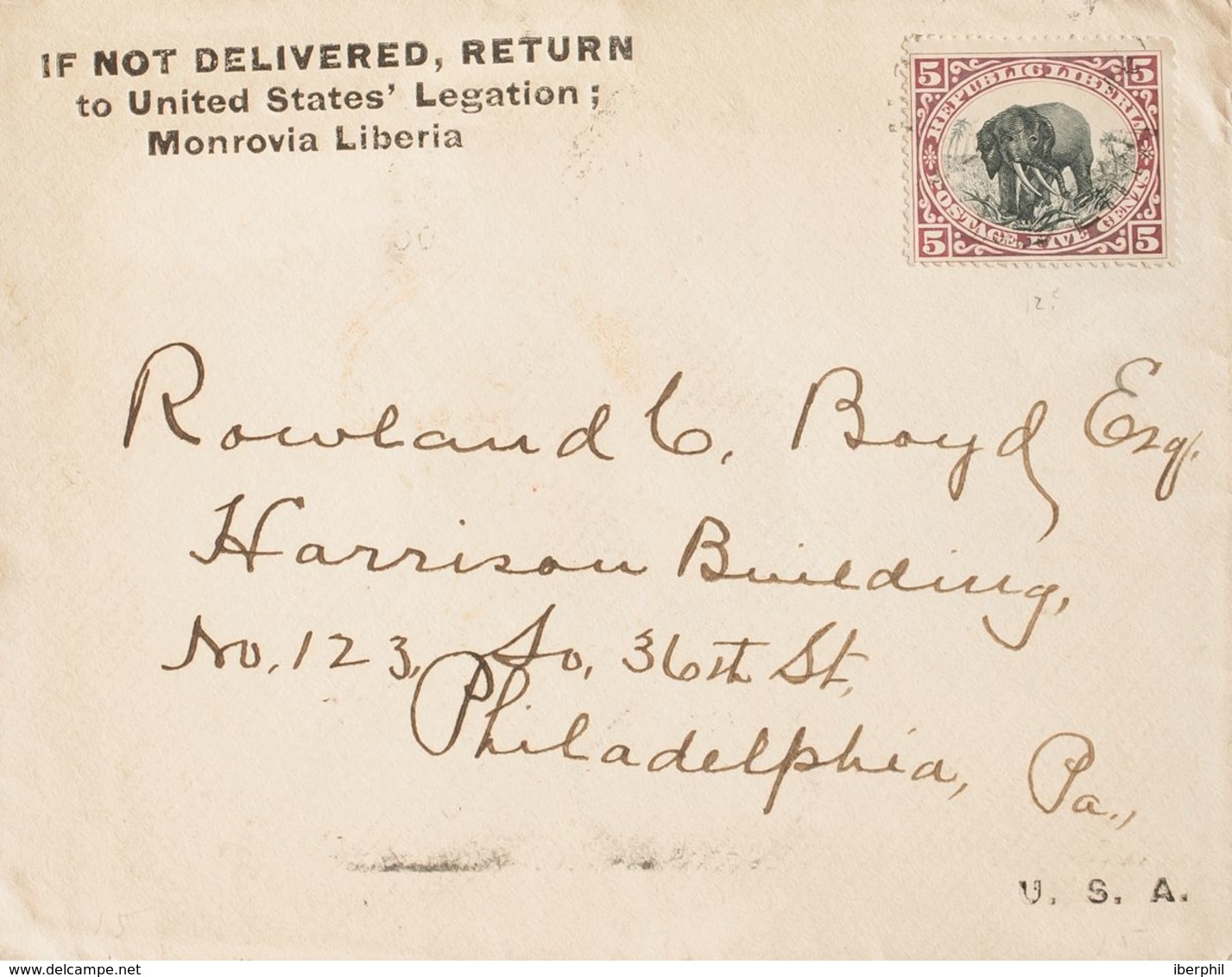 Liberia. Sobre Yv 43. 1900. 5 Ctvos Carmín Y Negro. MONROVIA A PHILADELPHIA (U.S.A.). Al Dorso Llegada. MAGNIFICA. - Liberia