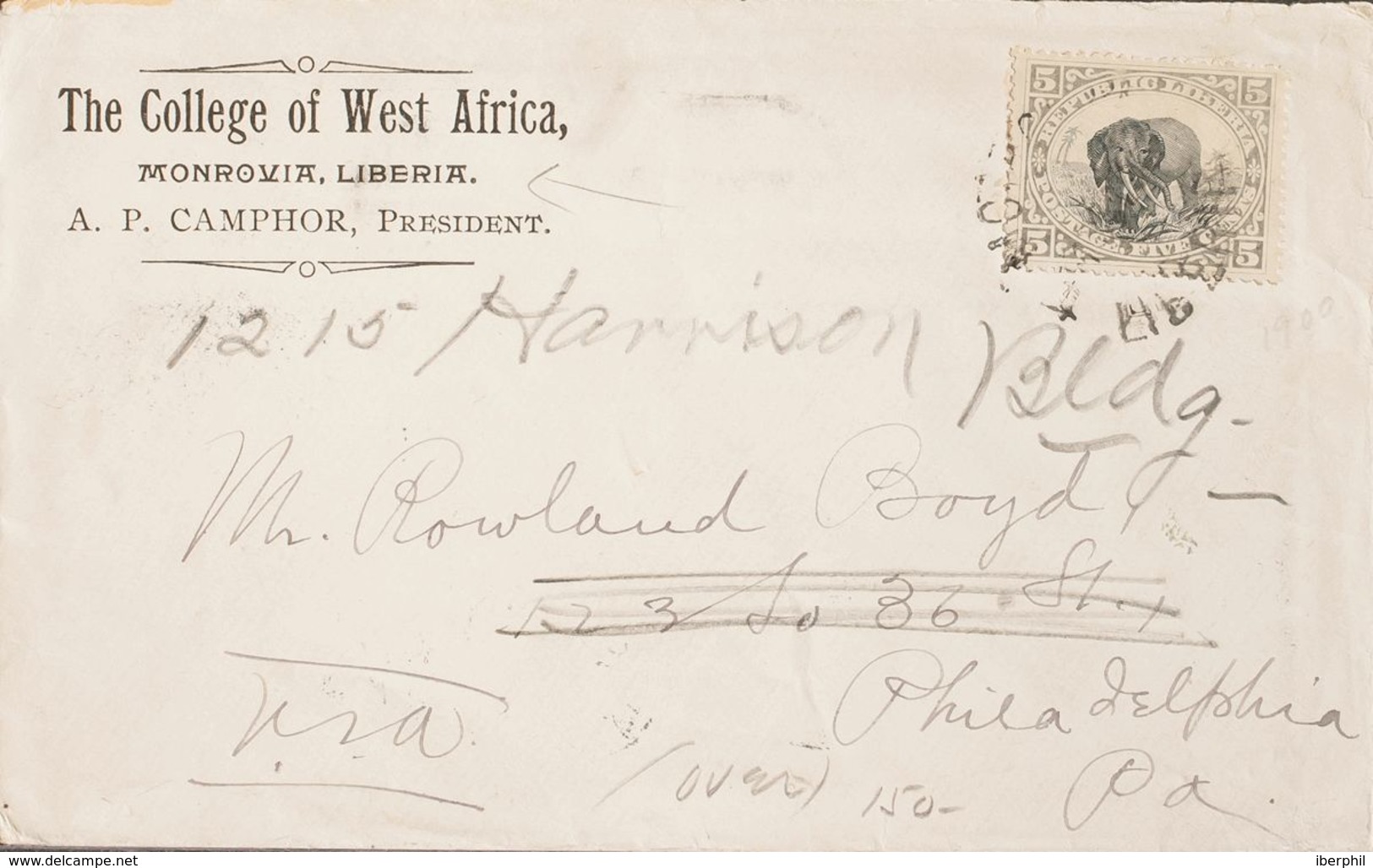 Liberia. Sobre Yv 53. 1900. 5 Ctvos Gris Y Negro. MONROVIA A PHILADELPHIA (U.S.A.). Matasello MONROVIA / LIBERIA, Al Dor - Liberia