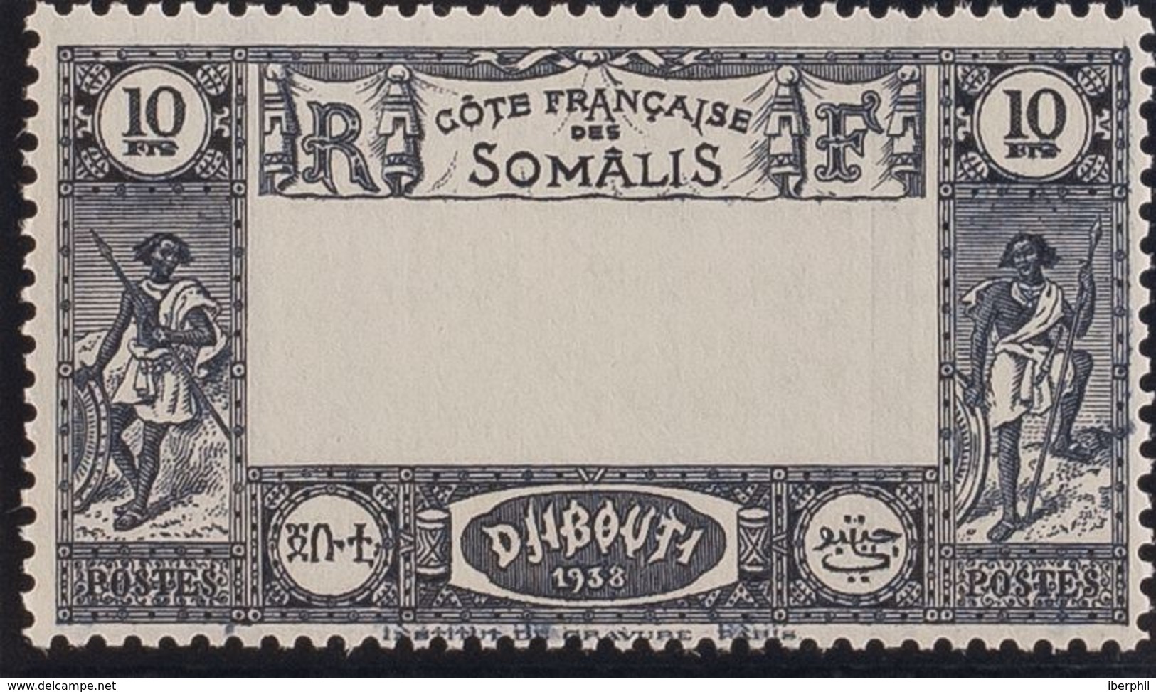 Costa De Somalia. MNH **Yv 168a. 1938. 10 F Azul. Variedad CENTRO OMITIDO. MAGNIFICO Y RARO. Yvert 2013: 500 Euros. - Somalia (1960-...)